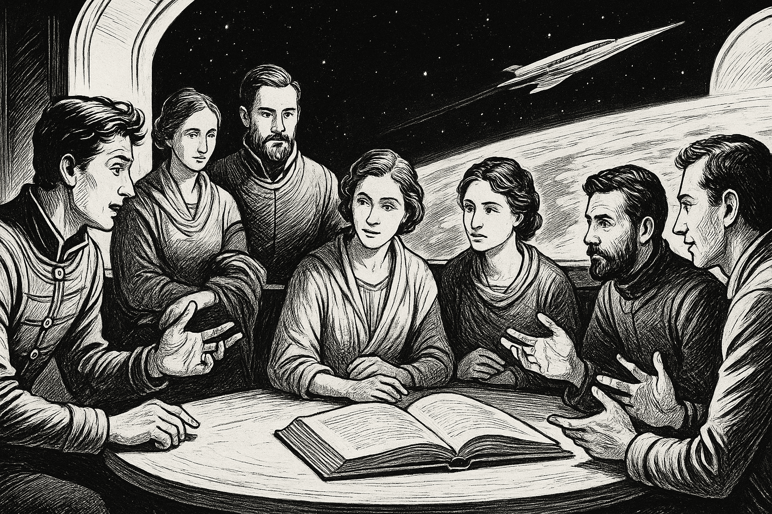 Community of writers and readers discussing literature